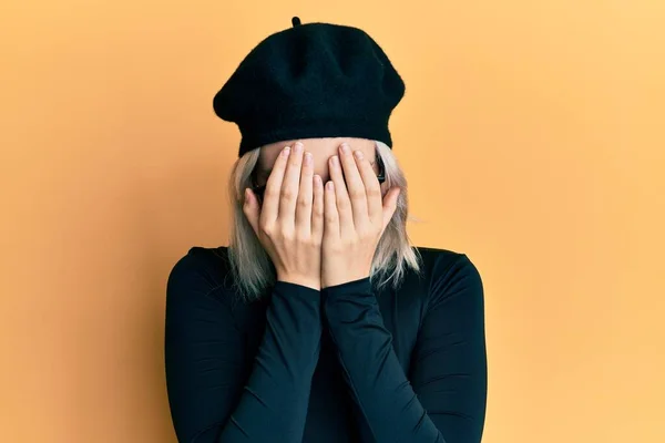 Young Blonde Girl Wearing French Look Beret Sad Expression Covering — Stock Photo, Image