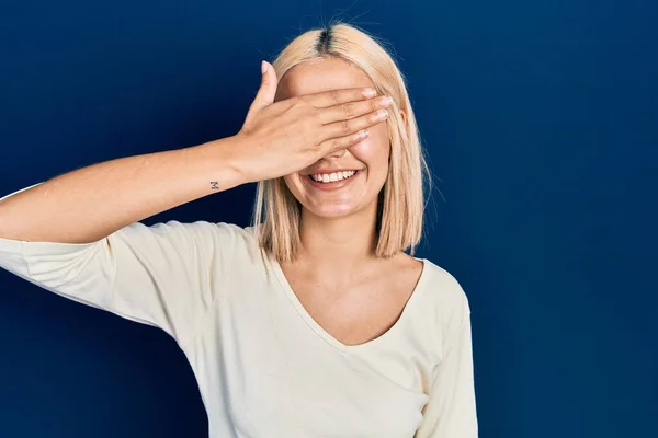 Beautiful Blonde Woman Wearing Casual Sweater Smiling Laughing Hand Face — Stock Photo, Image