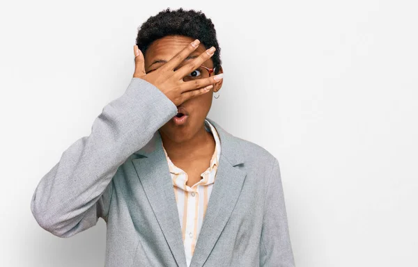 Young African American Woman Wearing Business Clothes Peeking Shock Covering — Stock Photo, Image