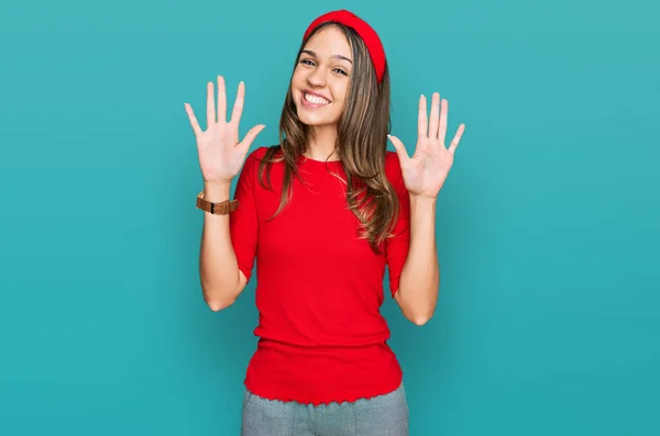 Young Brunette Woman Wearing Casual Clothes Showing Pointing Fingers Number — Stock Photo, Image