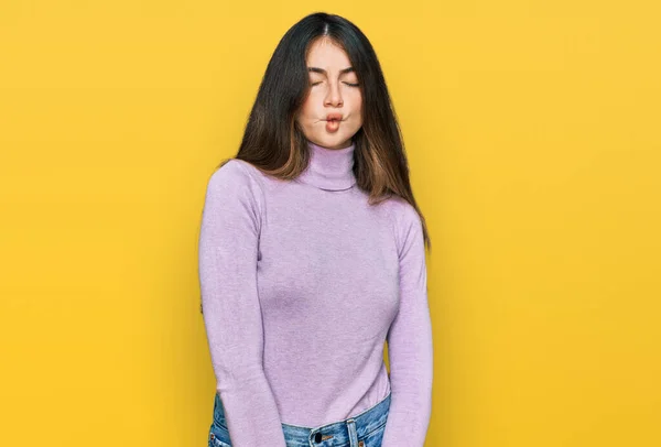 Young Beautiful Teen Girl Wearing Turtleneck Sweater Making Fish Face — Stock Photo, Image