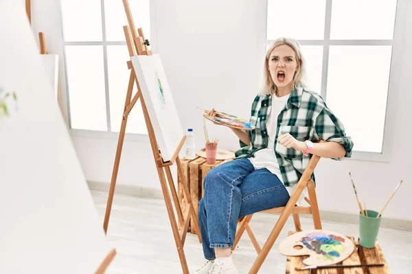 Young Artist Woman Painting Canvas Art Studio Angry Mad Screaming — Stock Photo, Image