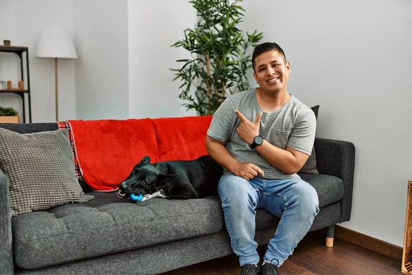 Jovem Latino Cão Sentado Sofá Casa Alegre Com Sorriso Rosto — Fotografia de Stock