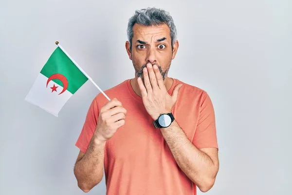 Handsome Middle Age Man Grey Hair Holding Algeria Flag Covering — Stock Photo, Image