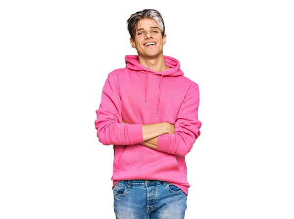 Jovem Hispânico Vestindo Camisola Rosa Casual Rosto Feliz Sorrindo Com — Fotografia de Stock
