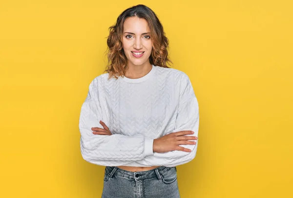 Beautiful Young Caucasian Woman Wearing Casual Winter Sweater Happy Face — Stock Photo, Image