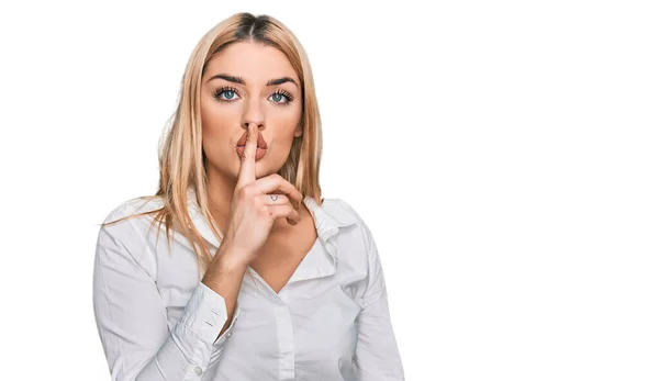 Young Caucasian Woman Wearing Casual Clothes Asking Quiet Finger Lips — Stock Photo, Image