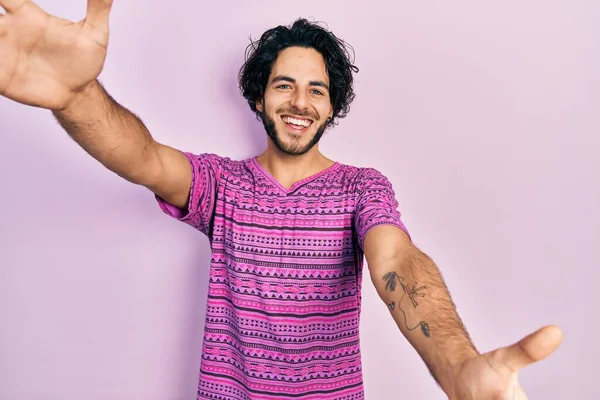 Handsome Hispanic Man Wearing Casual Pink Shirt Looking Camera Smiling — Stock Photo, Image