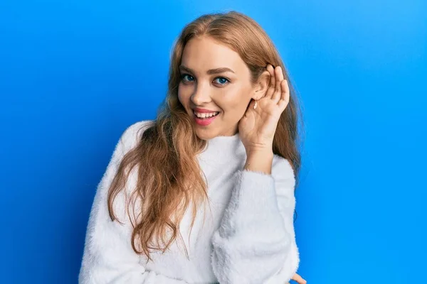 Beautiful Blonde Caucasian Woman Wearing Casual Winter Sweater Smiling Hand — Stock Photo, Image