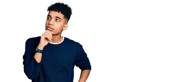 Young African American Man Wearing Casual Clothes Hand Chin Thinking — Stock Photo, Image