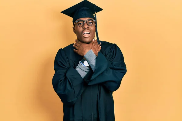 Young African American Man Wearing Graduation Cap Ceremony Robe Shouting — Stock Photo, Image