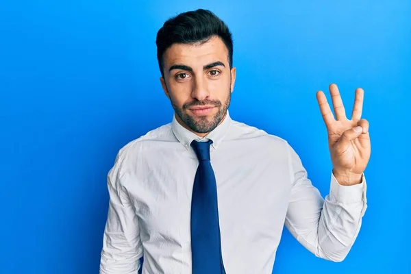 Young Hispanic Man Wearing Business Clothes Showing Pointing Fingers Number — Stock Photo, Image