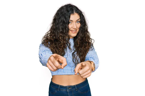 Young Hispanic Girl Wearing Casual Clothes Pointing You Camera Fingers — Stock Photo, Image