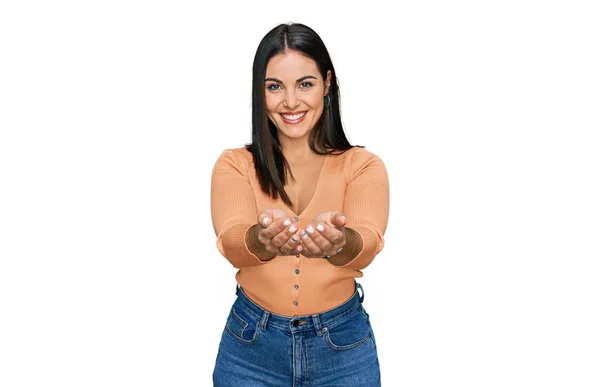 Young Hispanic Woman Wearing Casual Clothes Smiling Hands Palms Together — Stock Photo, Image