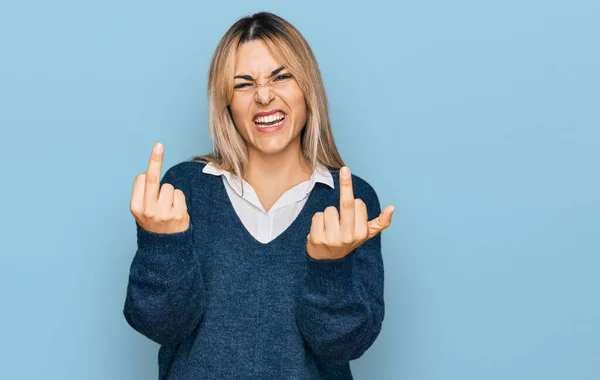 Young Caucasian Woman Wearing Casual Clothes Showing Middle Finger Doing — 图库照片