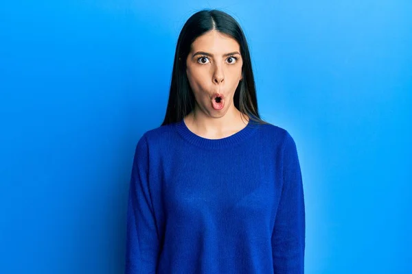 Young Hispanic Woman Wearing Casual Clothes Scared Amazed Open Mouth — Stock Photo, Image