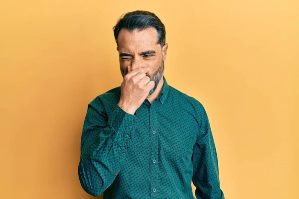 Middle Age Man Beard Grey Hair Wearing Business Clothes Smelling — Stock Photo, Image