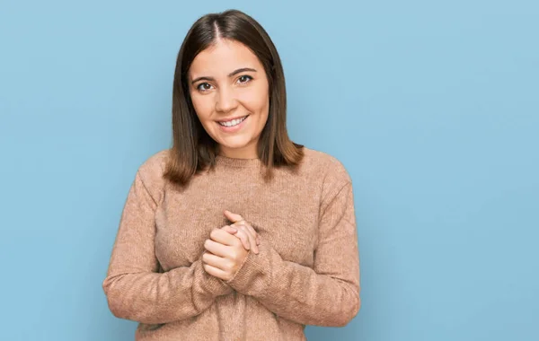 Junge Schöne Frau Lässiger Kleidung Die Hände Zusammen Und Die — Stockfoto