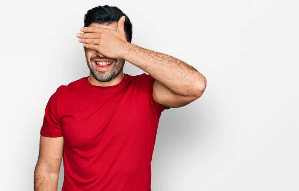 Hispanic Man Beard Wearing Casual Red Shirt Smiling Laughing Hand — Stock Photo, Image