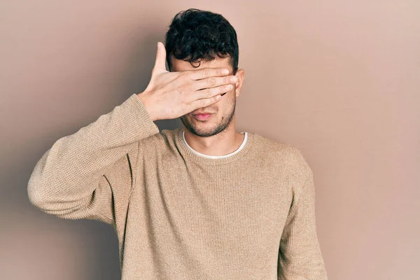 Young Hispanic Man Wearing Casual Clothes Glasses Covering Eyes Hand — Stock Photo, Image