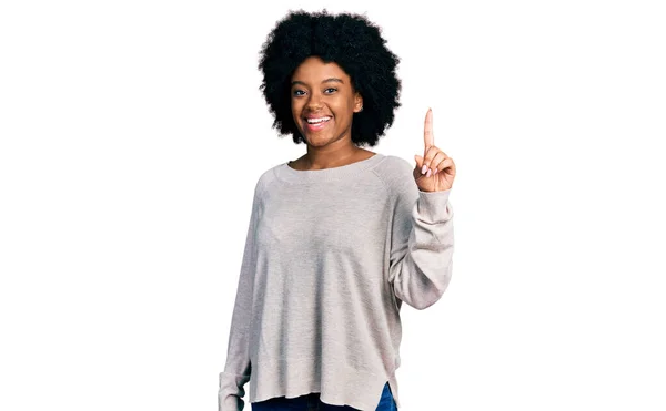 Young African American Woman Wearing Casual Clothes Showing Pointing Finger — Stock Photo, Image