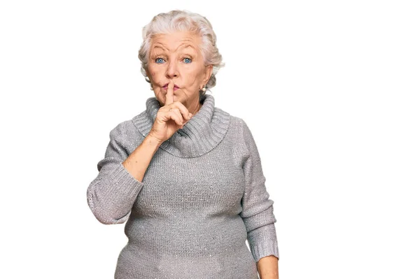 Senior Grey Haired Woman Wearing Casual Winter Sweater Asking Quiet — Stock Photo, Image