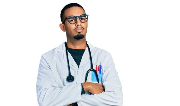 Young African American Man Wearing Doctor Uniform Stethoscope Skeptic Nervous — Stock Photo, Image