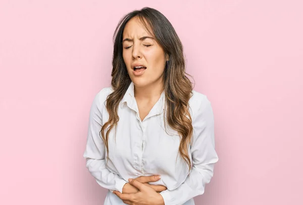 Young Brunette Woman Wearing Casual Clothes Hand Stomach Because Nausea — Stock Photo, Image