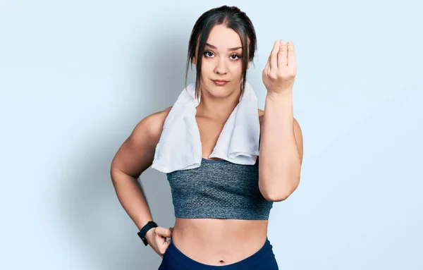 Young Hispanic Girl Wearing Sportswear Towel Doing Italian Gesture Hand — Stock Photo, Image