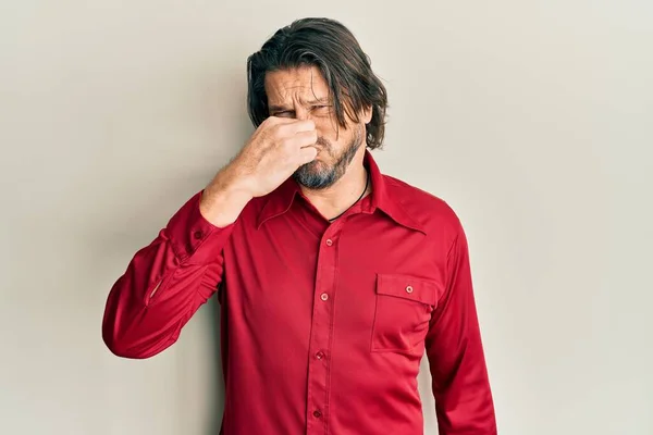 Middle Age Handsome Man Wearing Casual Clothes Smelling Something Stinky — Stock Photo, Image