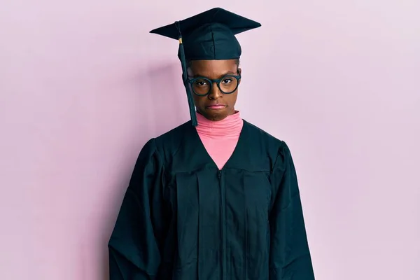 Young African American Girl Wearing Graduation Cap Ceremony Robe Depressed — Stock Photo, Image