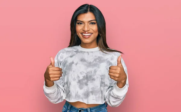 Young Latin Transsexual Transgender Woman Wearing Casual Clothes Success Sign — Stock Photo, Image