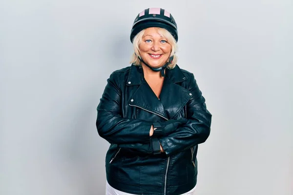Middle Age Blonde Woman Holding Motorcycle Helmet Happy Face Smiling — Stock Photo, Image