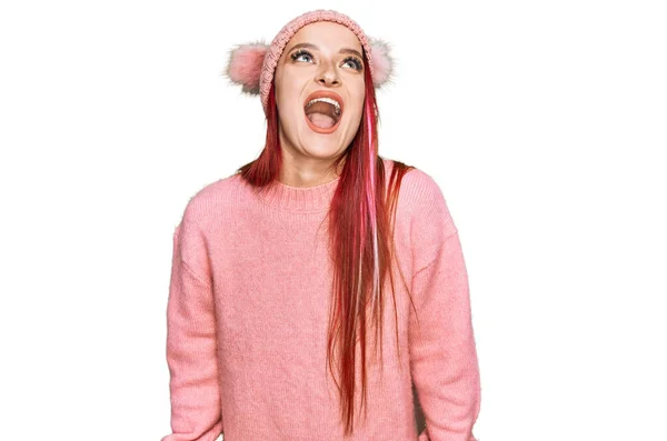 Young Caucasian Woman Wearing Casual Clothes Wool Cap Angry Mad — Stock Photo, Image