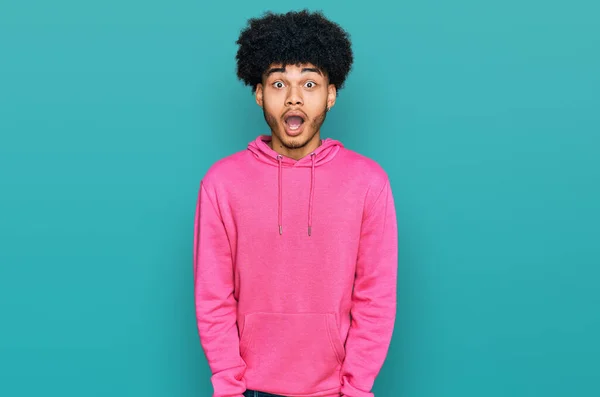 Young African American Man Afro Hair Wearing Casual Pink Sweatshirt — Stock Photo, Image