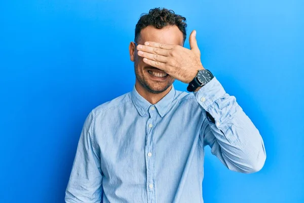 Young Hispanic Man Wearing Casual Clothes Glasses Smiling Laughing Hand — Stock Photo, Image