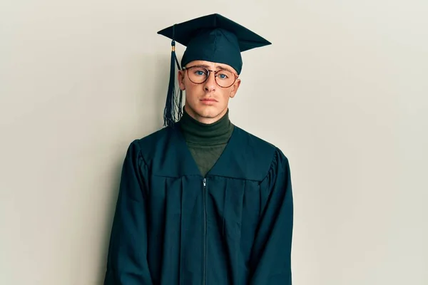 Young Caucasian Man Wearing Graduation Cap Ceremony Robe Depressed Worry — Stock Photo, Image