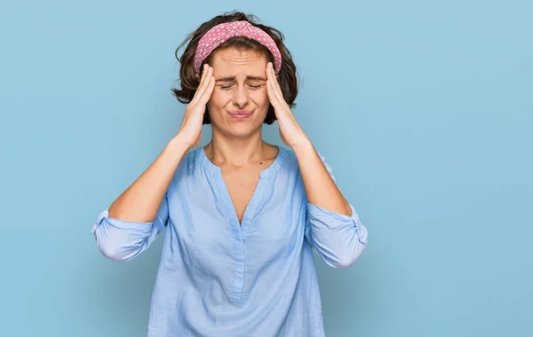 Young Hispanic Woman Wearing Casual Clothes Suffering Headache Desperate Stressed — Stock Photo, Image