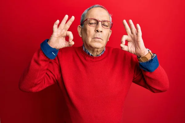 Bonito Homem Sênior Com Cabelos Grisalhos Vestindo Roupas Casuais Óculos — Fotografia de Stock