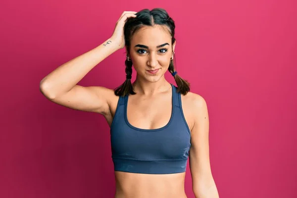 Young Brunette Girl Wearing Sportswear Braids Confuse Wonder Question Uncertain — Stock Photo, Image