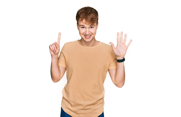 Young Caucasian Man Wearing Casual Clothes Showing Pointing Fingers Number — Stock Photo, Image