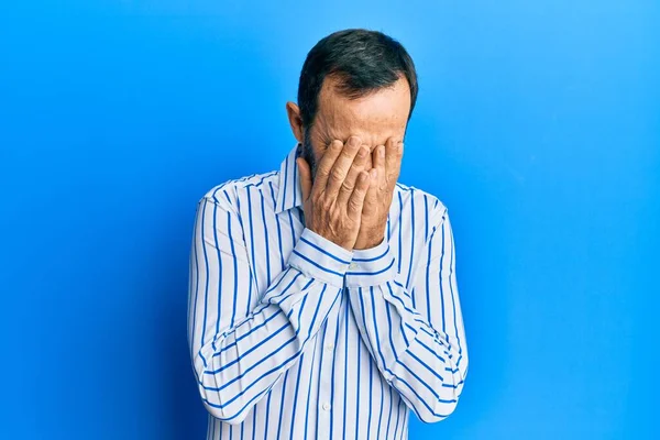 Middle Age Hispanic Man Wearing Casual Clothes Sad Expression Covering — Stock Photo, Image