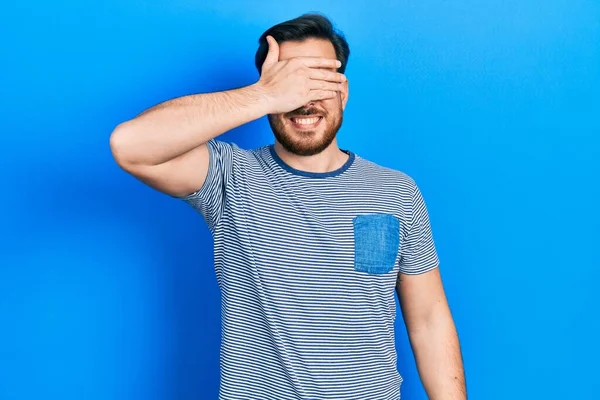 Handsome Caucasian Man Beard Wearing Casual Striped Shirt Smiling Laughing — Stock Photo, Image