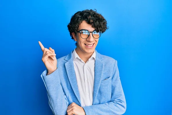 Hispanic Young Man Wearing Business Jacket Glasses Smiling Happy Pointing — Stock Photo, Image