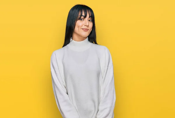 Young Brunette Woman Bangs Wearing Casual Turtleneck Sweater Smiling Looking — Stock Photo, Image