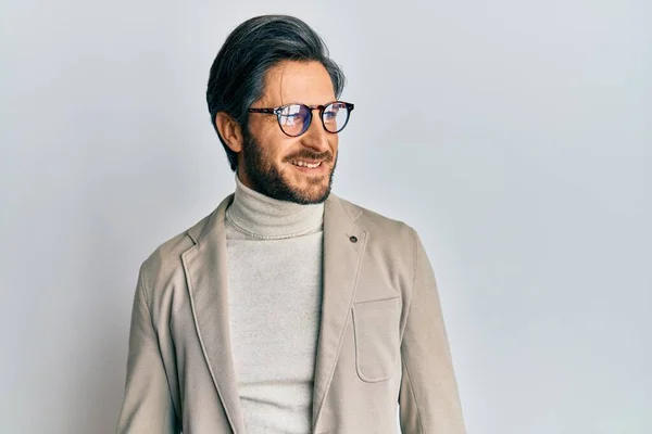 Young Hispanic Man Wearing Business Jacket Glasses Looking Away Side — Stock Photo, Image