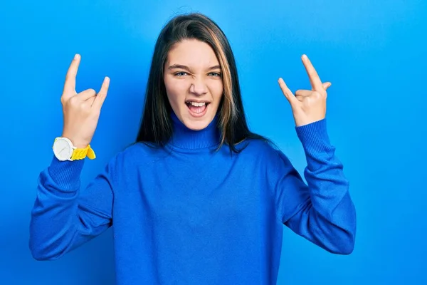 Young Brunette Girl Wearing Turtleneck Sweater Shouting Crazy Expression Doing — Stock Photo, Image