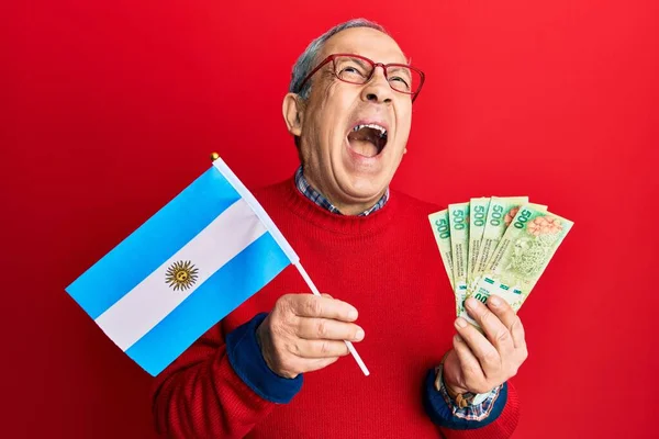 Schöner Älterer Mann Mit Grauen Haaren Die Argentinische Flagge Und — Stockfoto