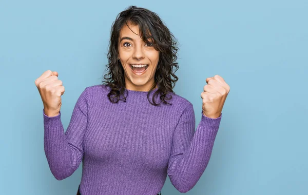 Young Hispanic Woman Wearing Casual Clothes Celebrating Surprised Amazed Success — Stock Photo, Image