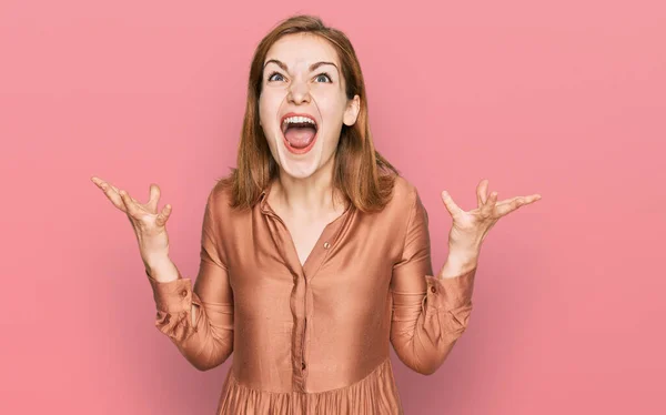Young Caucasian Woman Wearing Sexy Party Dress Crazy Mad Shouting — Stock Photo, Image
